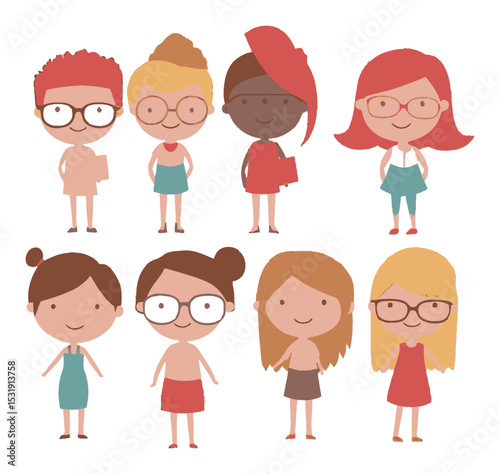 Colorful Cartoon Girls in Various Outfits and Hairstyles Illustrated Design