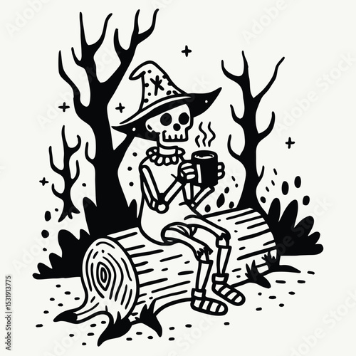 A stylized black and white illustration depicts a skeleton wearing a wizard's hat, seated on a log in a dark forest.