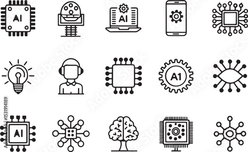 AI Artificial Intelligence vector line art icon set. AI processor, core program, ai brain, ai smartphone, mini processor, ai support or help center. Editable stroke outline