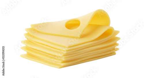 Stack of thin yellow cheese slices with smooth edges and slight curl on corners, floating highly against a pure white background