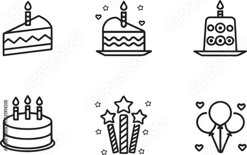Birthday party celebration vector line art icon set. Cake, candle, balloon, drink. Editable stroke outline