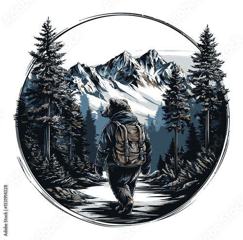 Cartoon bear hiking in mountains surrounded by trees and scenic view