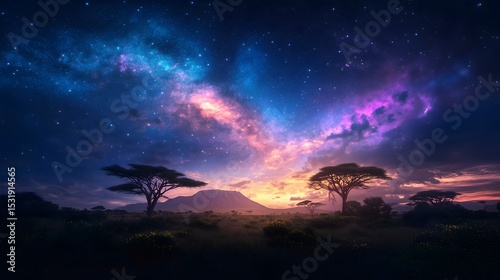 Vast African savannah under a stunning starry sky with a silhouette of mountains and acacia trees in twilight
