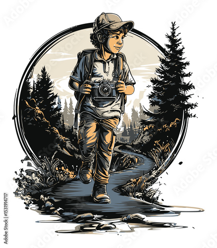 Cartoon illustration of a young boy photographer in nature scenery