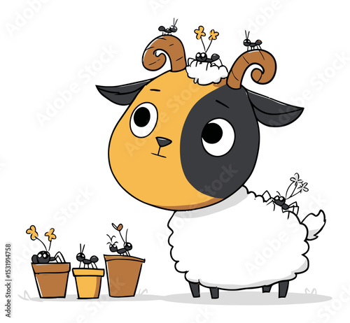 Cute Cartoon Sheep with Ants and Flower Pots in Vector Illustration