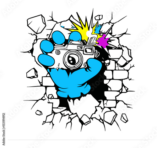 Vibrant Illustration of a Blue Hand Holding a Camera Breaking Through Wall