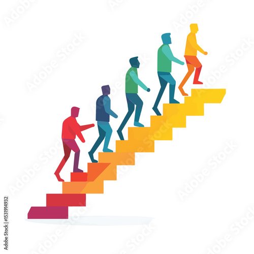 Colorful geometric figures ascend steps, interacting, on white background; for teamwork concept, vector style simple color