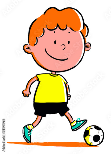 Cheerful Cartoon Boy Kicking a Soccer Ball in Bright Colors and Style