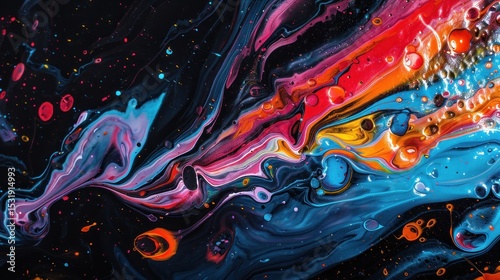Dynamic fluid acrylic abstract painting with vibrant, contrasting colors swirl