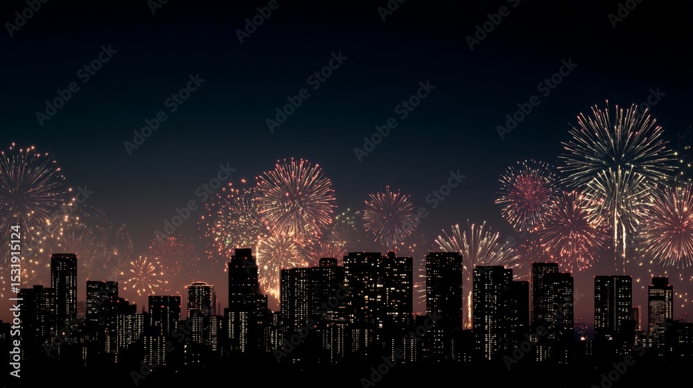 Fototapeta premium Skyscraper Silhouette with Japanese Fireworks/高層ビルのシルエットと日本の花火7