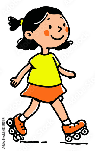 Cheerful Girl Skating on Rollerblades in Colorful Outfit and Background
