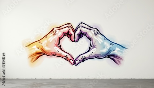 Colorful mural of joined hands forming a heart shape on wall  