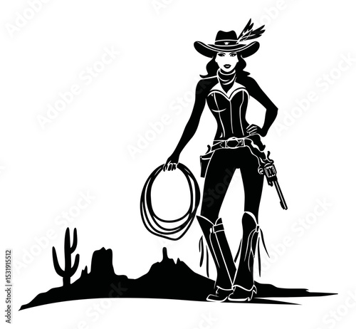 Stylish Cowgirl Silhouette with Lasso in Desert Landscape Vector Design