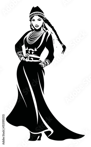 Elegant Woman in Traditional Dress with Braided Hair and Accessories