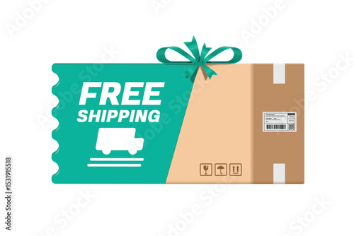 Parcel box or cardboard box and a green free shipping promotion sign or tag label are tied together with ribbon as gift to customers, vector 3d isolated for online shopping, delivery, e commerce Ad