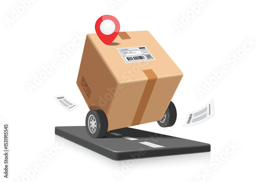 Parcel box or cardboard box with wheels like truck driving on road to deliver goods to customers at customer's specified location, vector 3d isolated for e commerce, online shopping, delivery concept
