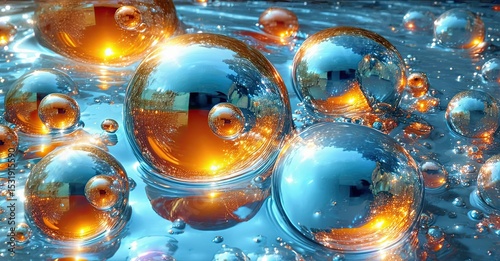 Bright spheres reflect light, creating vibrant orange, blue hues. Water surface shows ripples, depth. Abstract digital art.