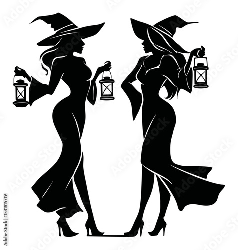 Dark Witch Silhouette with Lanterns for Halloween and Fantasy Themes