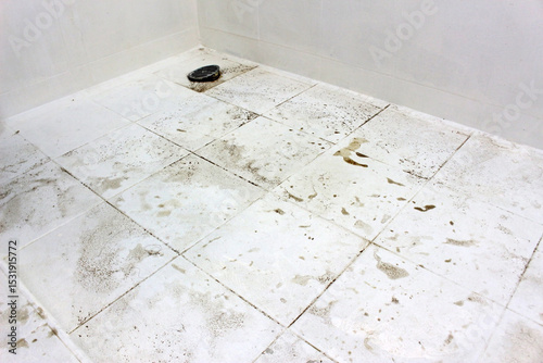 Grime and muddy dirt patches on the floor tiles of a shower room