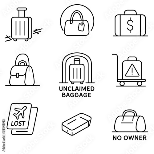 Vector icon set of luggage signs including lost and unclaimed baggage  