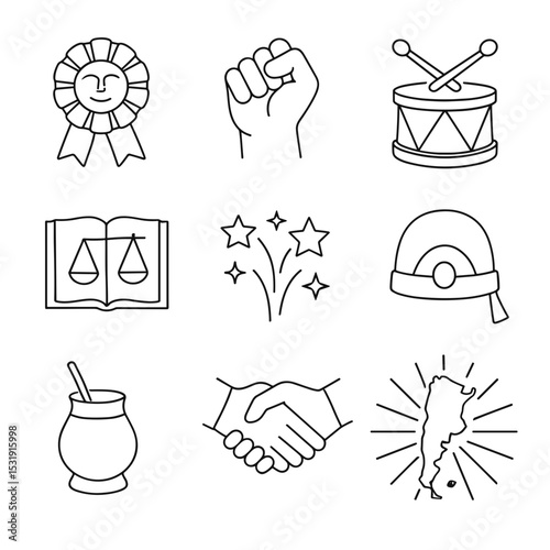 Vector icon set of celebration, law, and cultural symbols, Argentina independence day  