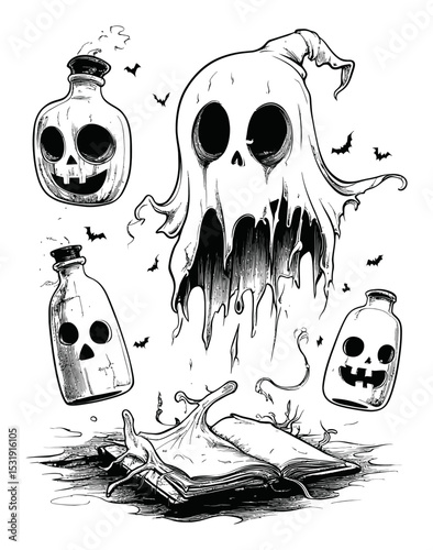 Ghostly Apparition with Potion Bottles and Haunted Book Illustration