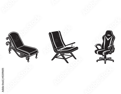 set of gaming chair glider chair, poolside lounger icon silhouette vector illustration