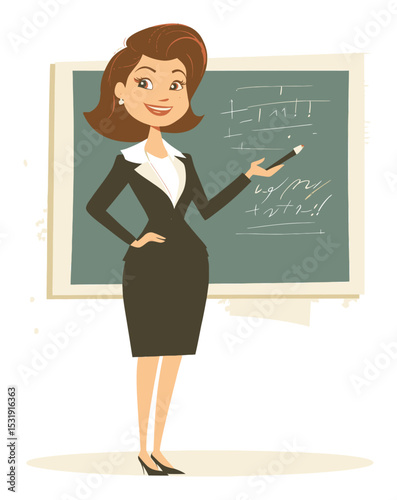 Professional Cartoon Teacher Standing by Chalkboard in Classroom Setting