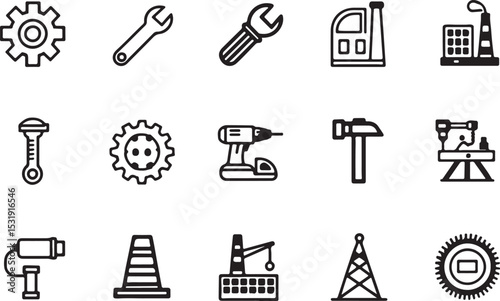 Industrial home maker tools vector line art icon set. Building, house, construction. Editable stroke outline