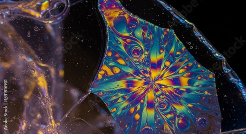Close-up of a vibrant, abstract pattern created by light refraction on a textured surface with bubbles. Psychedelic, colorful background for design.