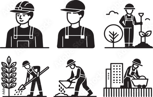 Labor working vector silhouette black icon set. Labor day, labor cloth, work, construction with elements. Editable stroke outline