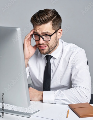 A young man in formal attire looks stressed while working on a computer in a modern office setting.