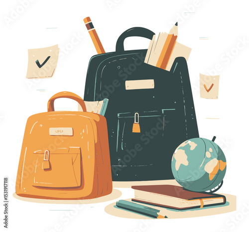 Colorful Cartoon Backpacks with Globe and Stationery on Table