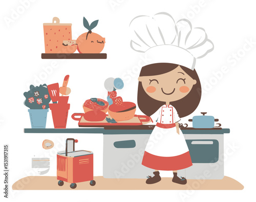 Cute Cartoon Chef in Colorful Kitchen Setting with Cooking Utensils