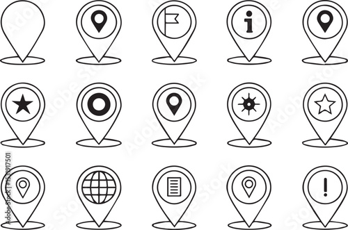 Map pin vector line art icon set. Location pin, address, map marker, street check, place checker. Editable stroke outline