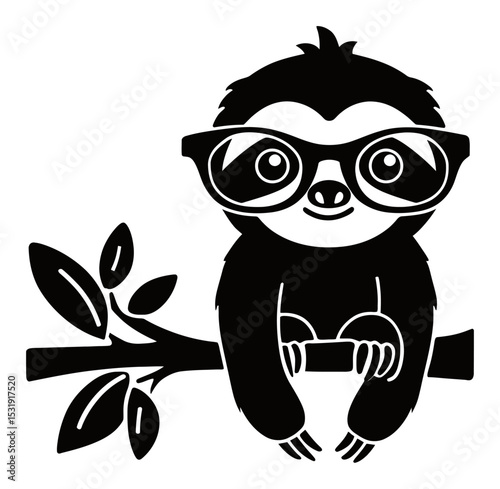 Cute Cartoon Silhouette of Sloth with Glasses Sitting on a Branch