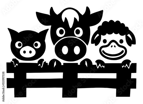 Cartoon Silhouette of Farm Animals Behind a Wooden Fence Illustration