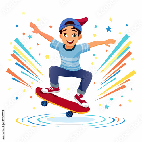 Joyful teenage boy mid-air doing a skateboard trick, wearing bright red sneakers and casual clothing, shown in vibrant vector illustration style.