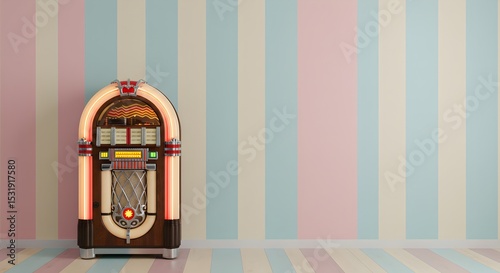 A vintage jukebox with pastel stripes, evoking a retro and nostalgic atmosphere for home decor photography.