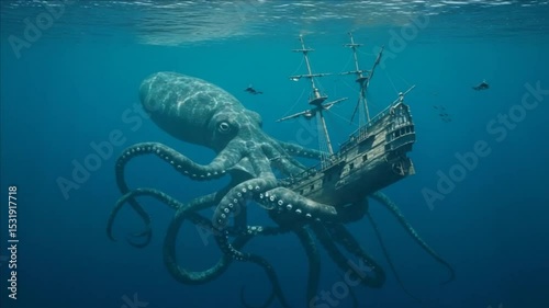 Gigantic Octopus Engulfing Sunken Galleon: A Deep Sea Fantasy