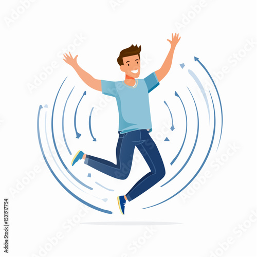 Lively young man dressed casually jumping up with both hands raised, surrounded by dynamic movement lines, expressing joy and freedom.