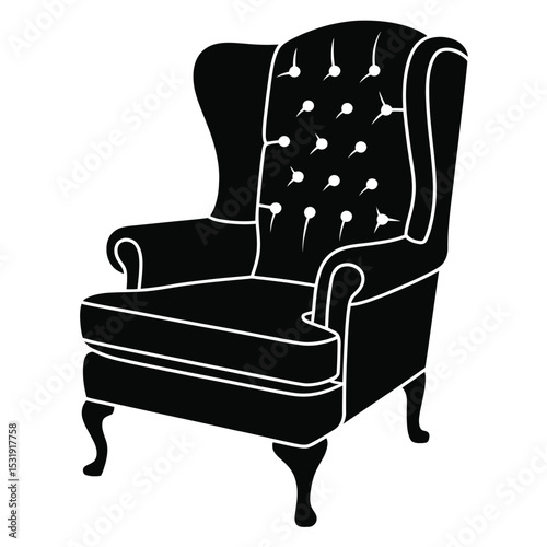 Black and white illustration of a wingback chair