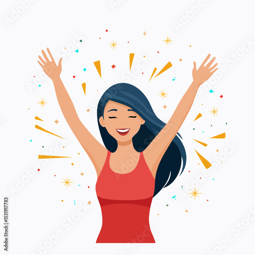 Joyful young woman with flowing long dark hair, raising her arms in celebration with eyes closed, expressing happiness and freedom vividly.