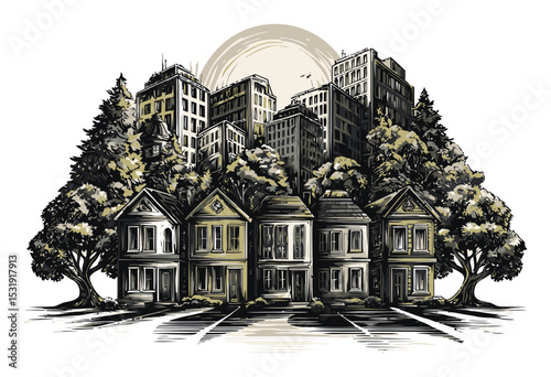 Urban Landscape with Houses and Forest in a Stylized Cartoon Design
