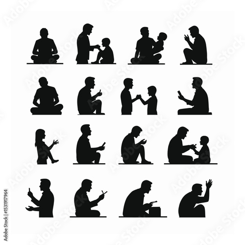 Silhouettes of families and individuals engaging in various activities