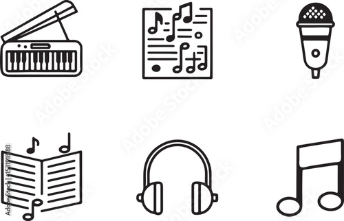 Musical instrument vector line art icon set. Piano, music, headphones, microphone, music book. Editable stroke outline