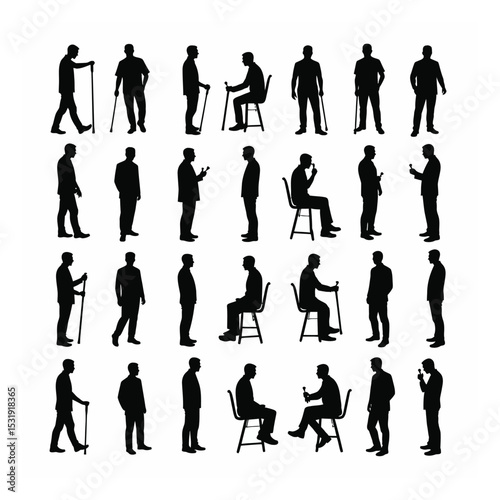 Diverse silhouettes of men standing sitting using walking aids