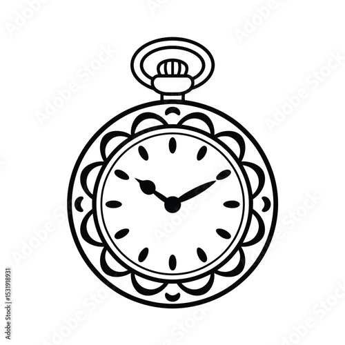 Ornate vintage pocket watch line art illustration