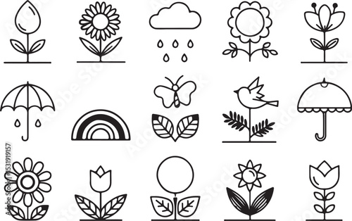 Spring season vector line art icon set. Flower, rain, tree, umbrella, cloud, butterfly, sunflower. Editable stroke outline