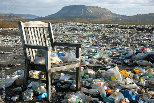 Wooden chair in plastic waste landscape environmental pollution concept